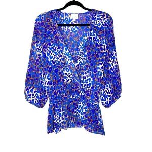 Parker Silk Blue and Brown Leopard Print Faux Wrap Blouse, V-Neck, Peplum, Small